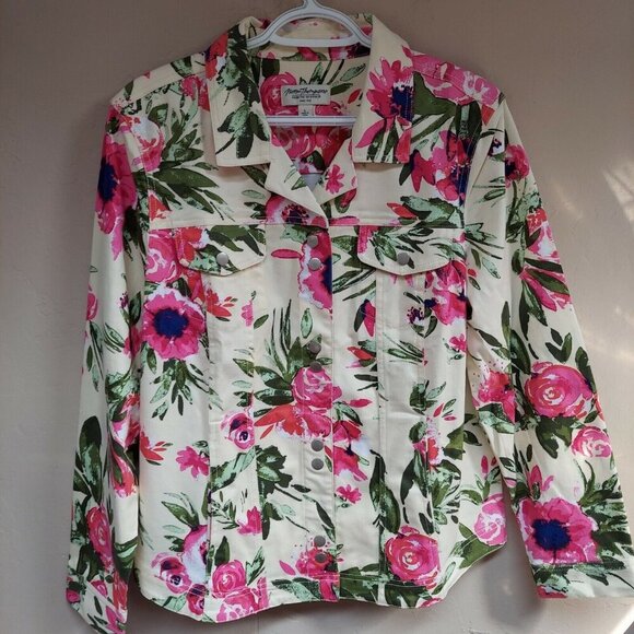 Norm Thompson Jackets & Blazers - Norm Thompson Womens Large Floral Print Denim Style Jacket Stretch Flap Pocket